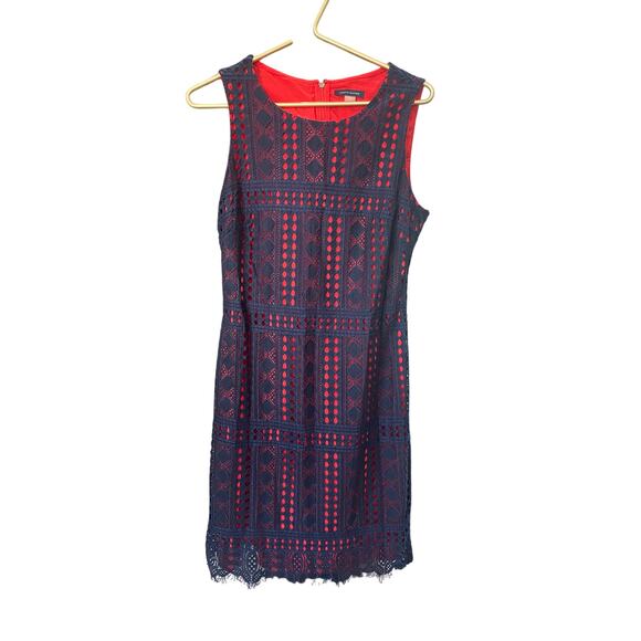 TOMMY HILFIGER Red Dress – Navy Crochet Overlay – Size 10 – EUC – Classic Fit - Picture 3 of 7